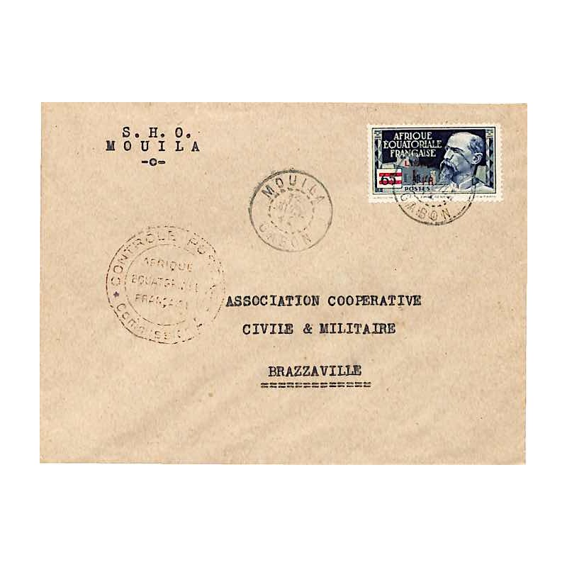 1942 lettre de MOUILA  GABON Cachet CONTRÔLE POSTAL * COMMISSION A * de Brazzaville