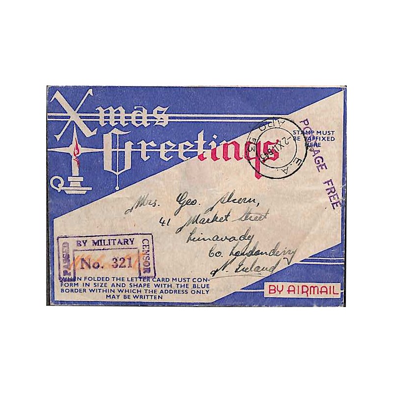 1944 déc. Carte lettre avion décorée Xmas Greetings censure PASSED BY MILITARY CENSOR No 321