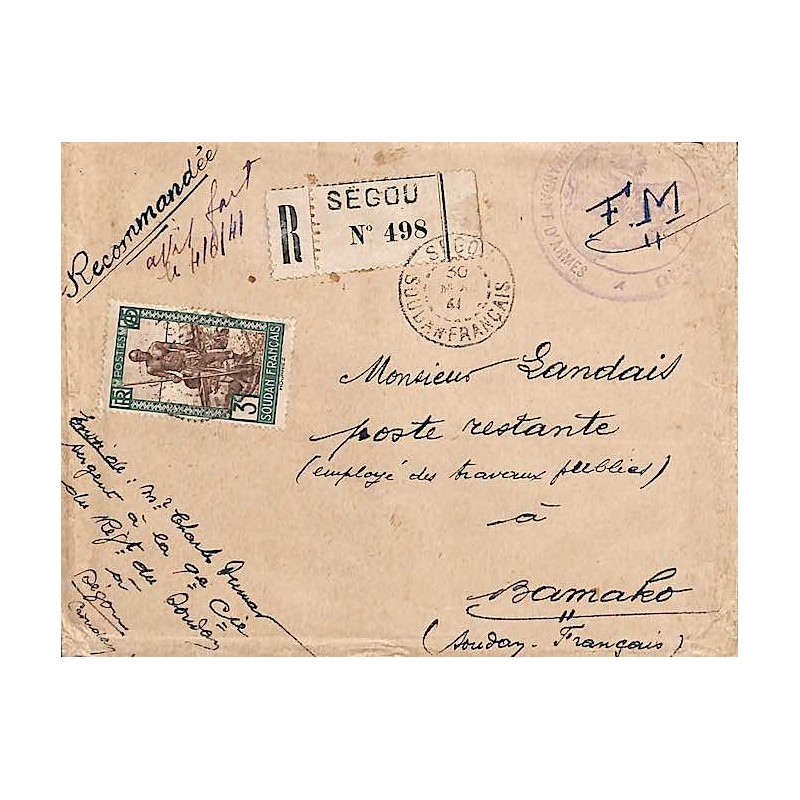 1941 Lettre rec. à 3 F  SEGOU SOUDAN FRANCAIS