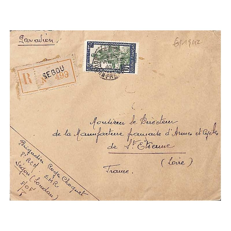1942 Lettre FM rec. à 10 F SEGOU SOUDAN FRANCAIS