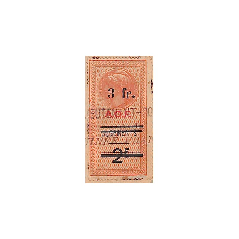 timbre fiscal Jugements surcharge rouge A.O.F. et noire 3 Fr sur 2 F - utilisé sur fragment Duston U19