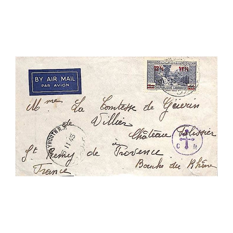 1945 Lettre BEYROUTH R.P.  Cachet rare de censure France libre type CM IVA2