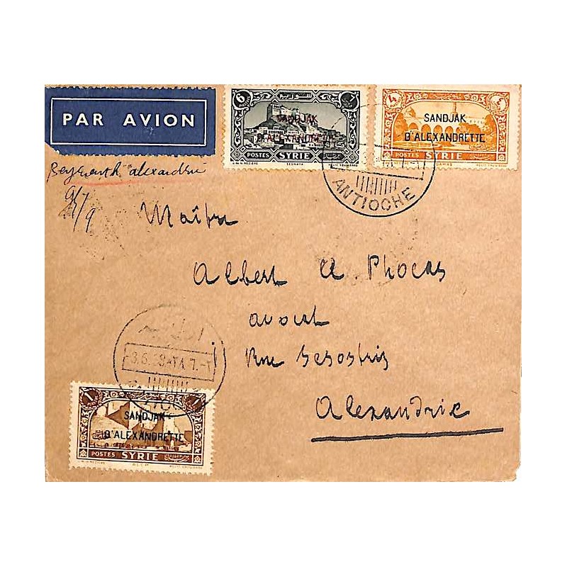 SANDJACK D’ALEXANDRETTE Lettre 1938 Timbre à date bilingue ANTIOCHE