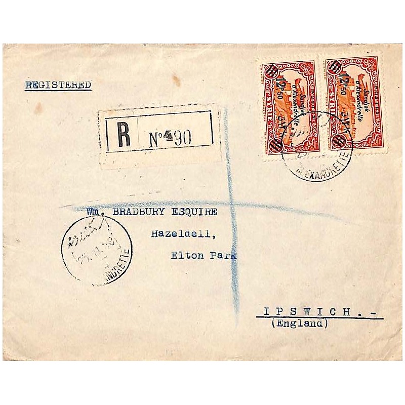 SANDJACK D’ALEXANDRETTE 1938 Lettre avec timbre à date bilingue