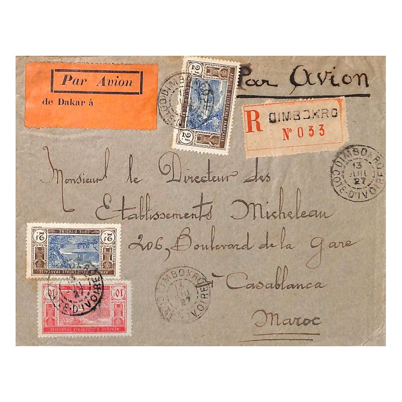 1927 Lettre Etiquette spéciale Par Avion de Dakar de DIMBOKRO COTE D'IVOIRE