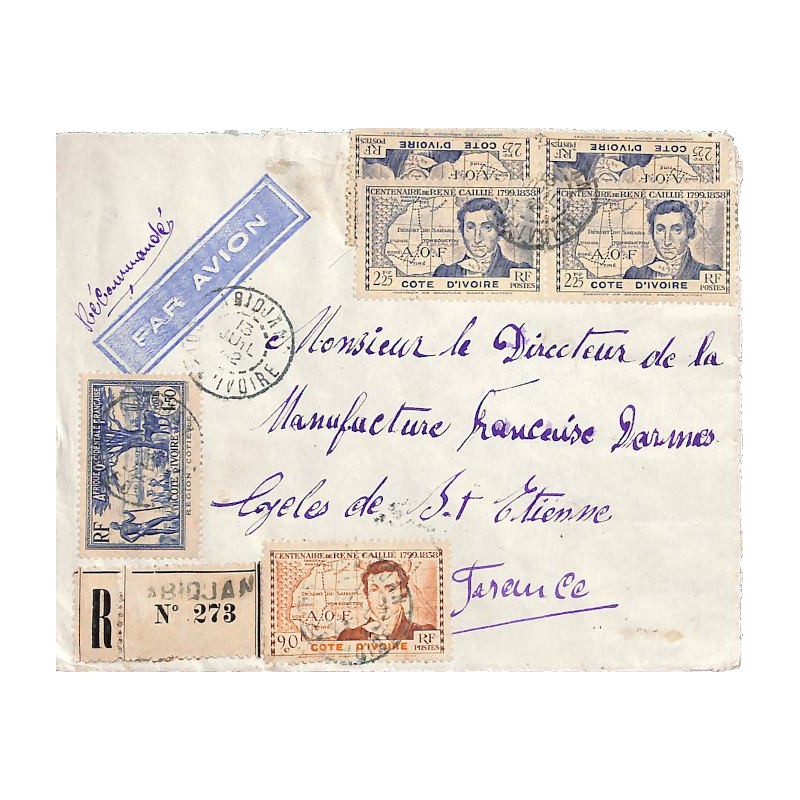 1942 Lettre avion à 11 f 50 d' ABIDJAN  COTE D'IVOIRE