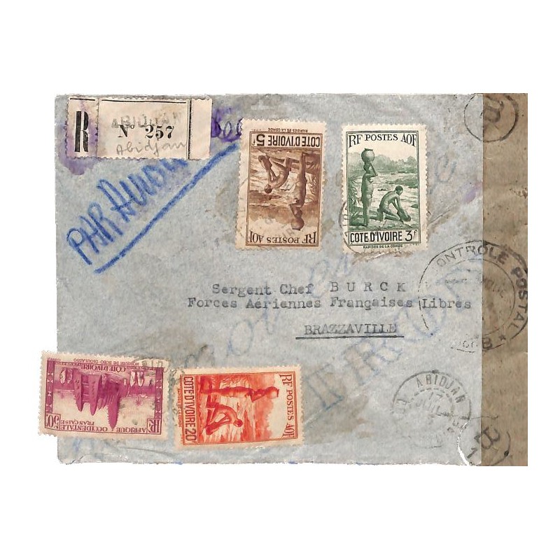 1943 Lettre pour le Congo à 28 f. 50 Bande CONTROLE Cachet CONTRÔLE POSTAL * COMMISSION B *