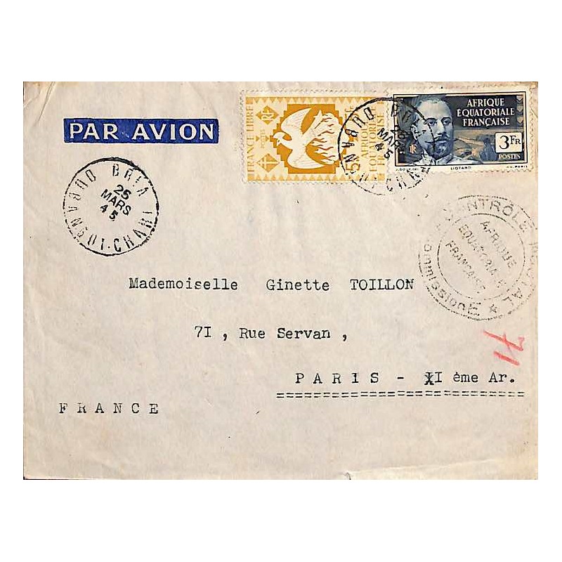 1945 Lettre de BRIA OUBANGUI.CHARI Cachet CONTRÖLE POSTAL* COMMISSION E *