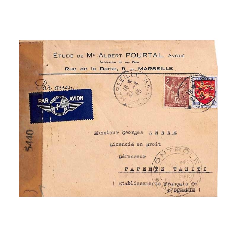 1945 Lettre avion de France pour Papeete Censure