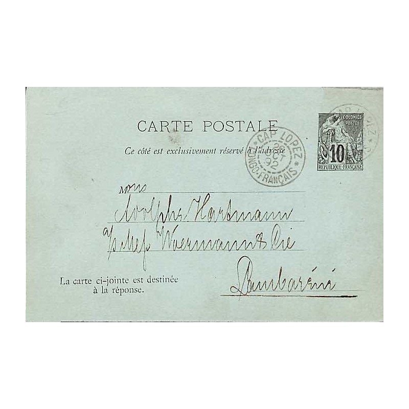 CAP LOPEZ * CONGO-FRANCAIS * 1892 sur Entier carte postale avec réponse 10 c Alphée Dubois