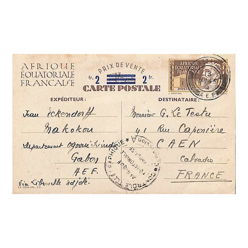 1945 Entier carte postale surchargée 2 Fr d’ AEF  BRAZZAVILLE