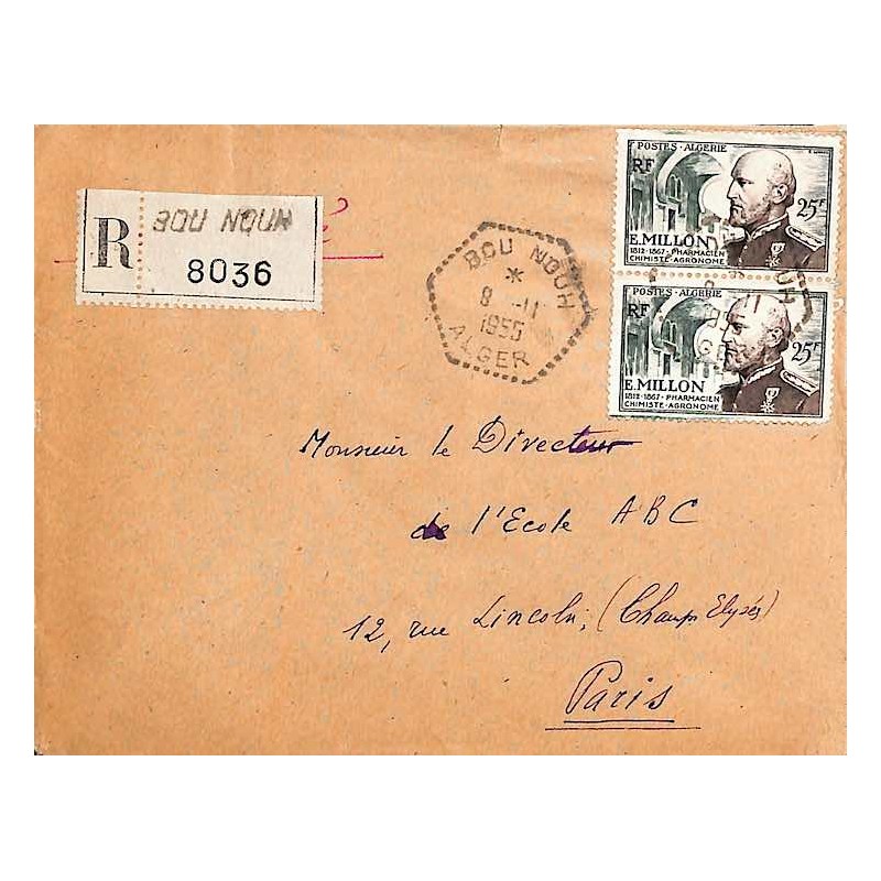 BOU NOUH  ALGER 1955 sur lettre recommandée pour la France