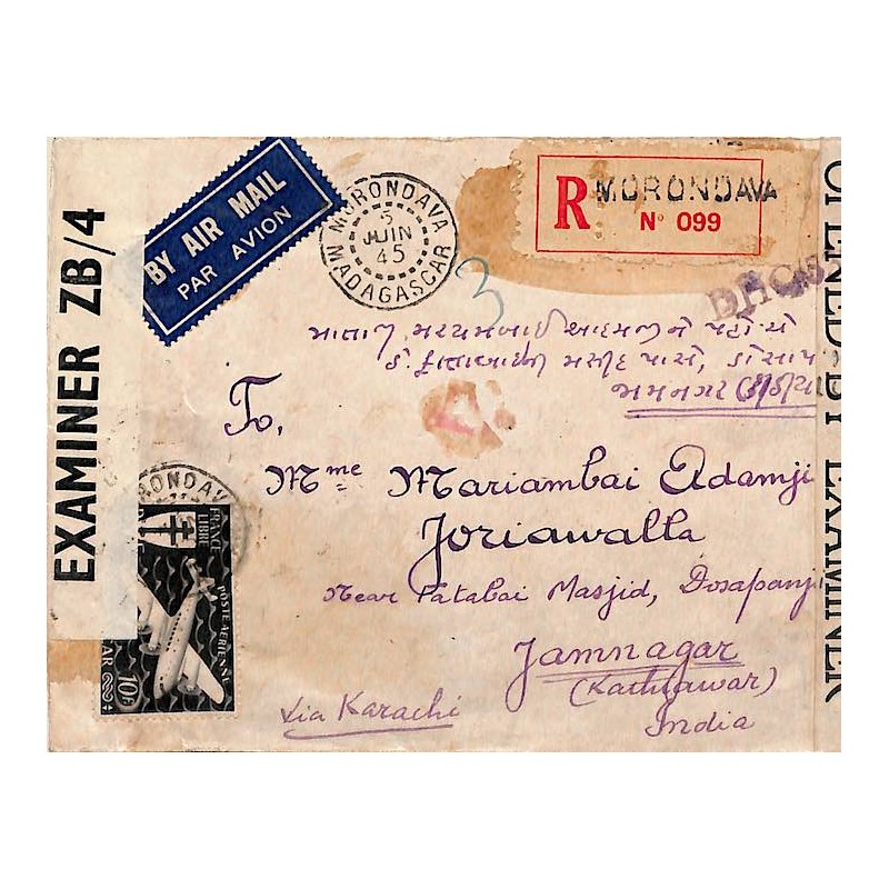 1945 lettre pour l’Inde à 40F de MORONDAVA MADAGASCAR