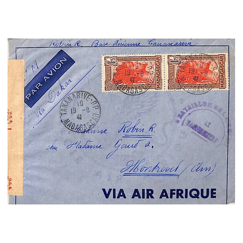 1941 lettre à 3F50 Bande censure sud-africaine. Courrier intercepté.