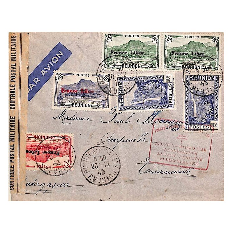 1943 lettre Cachet rouge FORCES FR. COMBATTANTES REUNION - MADAGASCAR  REOUVERTURE LIAISON AERIENNE 20 DECEMBRE 1943