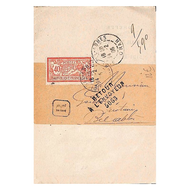 1905 Imprimé local recommandé sous bande avec 40 c Merson