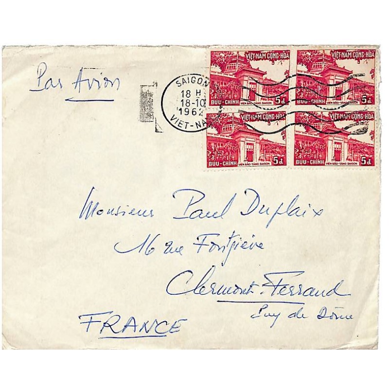 Musée de Saigon 5 d multiple sur lettre avion pour la France 1962