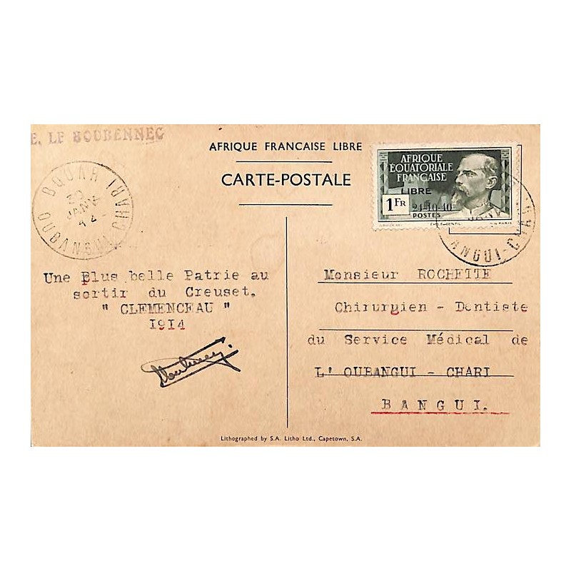 1942 Carte avec le 2 bouclé  Oblitération BOUAR OUBANGUI CHARI