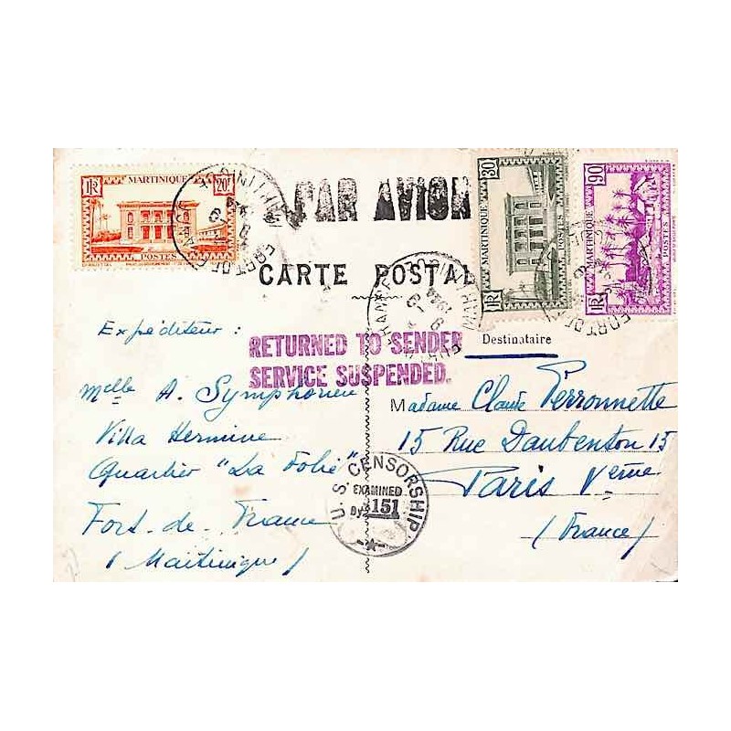 1944 Carte postale par avion pour Paris avec correspondance familiale