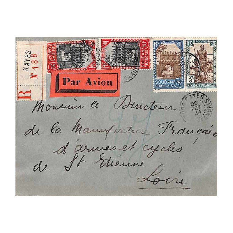 1934 lettre avion recommandée pour la France à 4 f. 75 de KAYES SOUDAN-FRANÇAIS