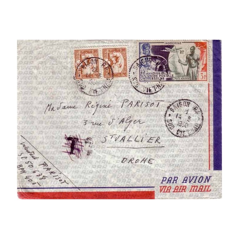 1950 Lettre avion FM pour la France, affranchie à 3 $ 60