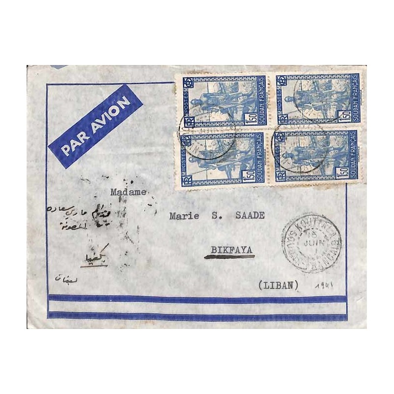 1941 Lettre avion pour le Liban. Affranchissement à 6 f.