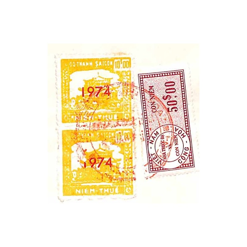 Saigon 1974  2 timbres fiscaux locaux 10 $ et fiscal Vietnam 50 $