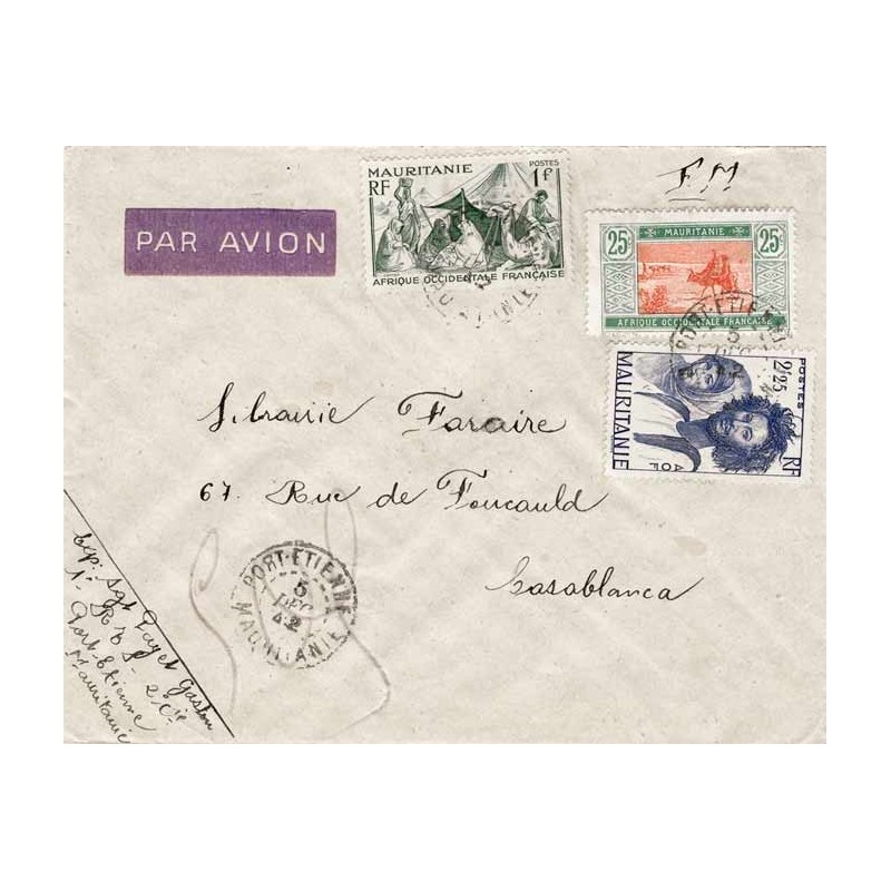 1942 Lettre FM avion pour le Maroc Affranchissement à 3 f.