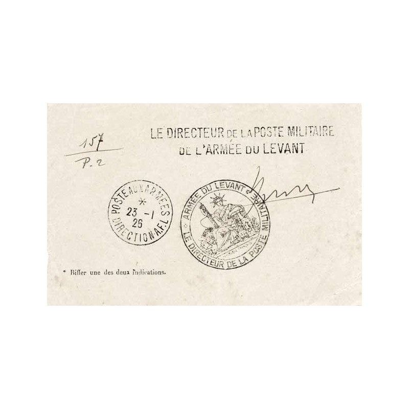 1926 ARMEE DU LEVANT * LE DIRECTEUR DE LA POSTE MILITAIRE *