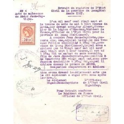 Dimension 1927 timbre 24 cents violet brun sur extrait d’état-civil