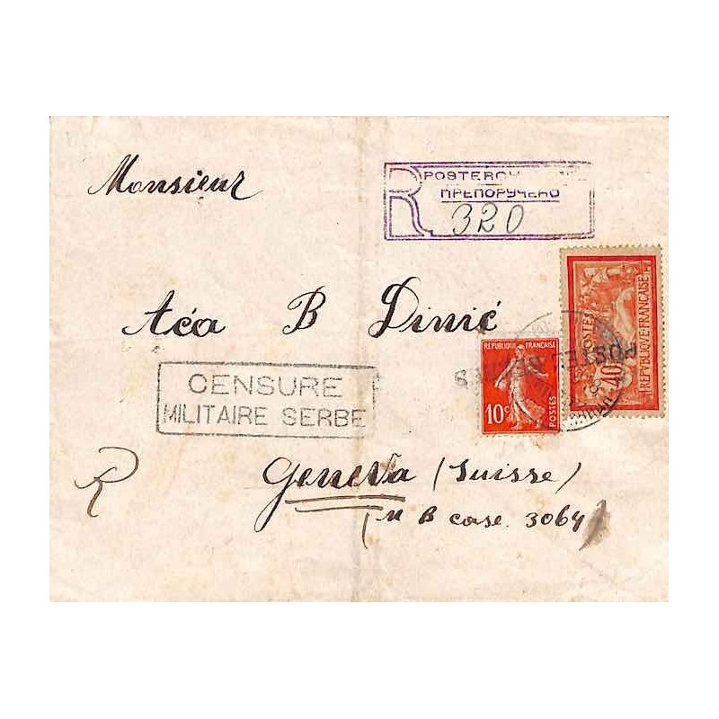 Enveloppe timbres France Oblitération griffe POSTES SERBES  Cachet CENSURE MILITAIRE SERBE  (rousseurs)
