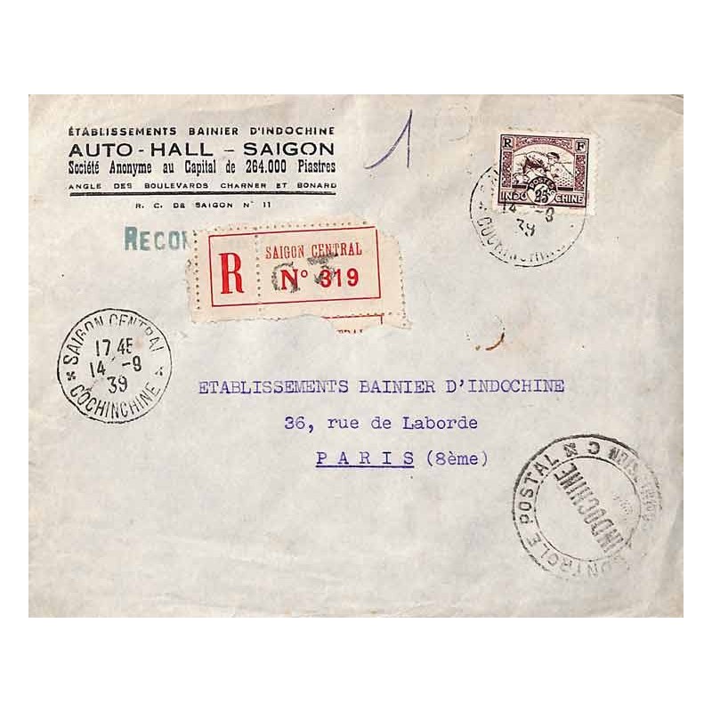 1939 Lettre SAIGON Cachet CONTROLE POSTAL * COMMISSION C * INDOCHINE