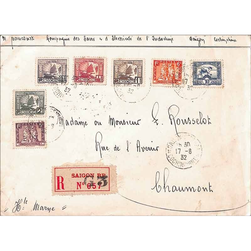 1932 Lettre Affranchissement 25 c pour la France SAIGON CENTRAL