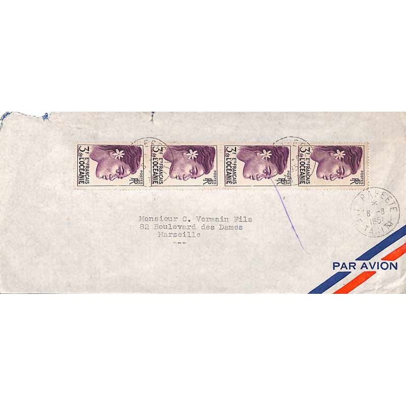 1951 Lettre avion pour la France Affranchissement 12 f Oblitération PAPEETE