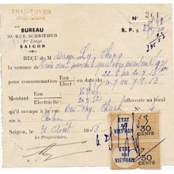 Timbres fiscaux 1953 Etat du Viet-Nam 30 cents paire sur reçu