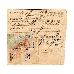 Timbres fiscaux 1953 Indochine 1 piastre et Etat du Viet-Nam 30 cents paire sur reçu