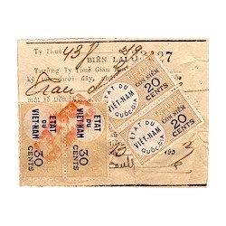 Timbres fiscaux 1953 Etat du Viet-Nam 30 cents paire et Etat du Viet-Nam Quoc-Gia 20 cents paire sur reçu