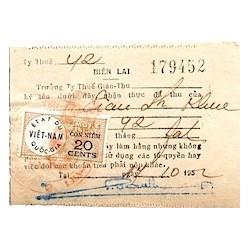 Timbre fiscal 1952 Etat du Viet-Nam Quoc-Gia Con Niêm 20 cents sur reçu