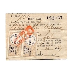 Timbres fiscaux 1953 Etat du Viet-Nam Quoc-Gia Con Niêm 20 cents paire sur reçu