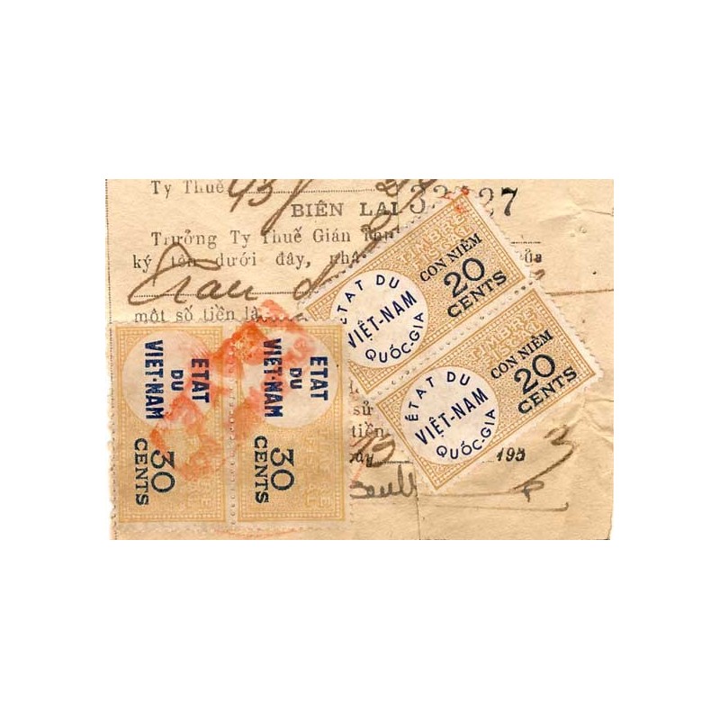 Timbres fiscaux 1953 Etat du Viet-Nam 30 cents paire et Etat du Viet-Nam Quoc-Gia 20 cents paire sur reçu