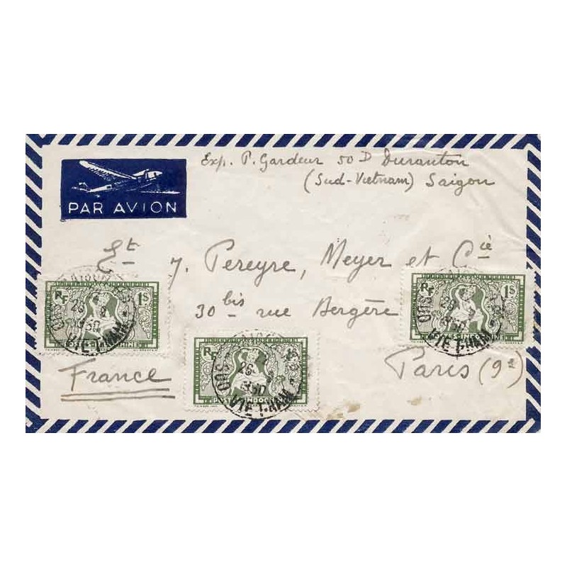 1950 lettre avion pour la France Affranchissement 3 $ de SAIGON RP - SUD VIETNAM -