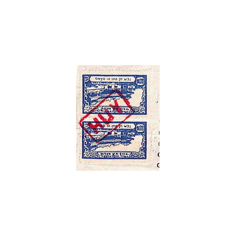 Hué 1972 - 2 timbres fiscaux locaux 10 $ bleu foncé sur document