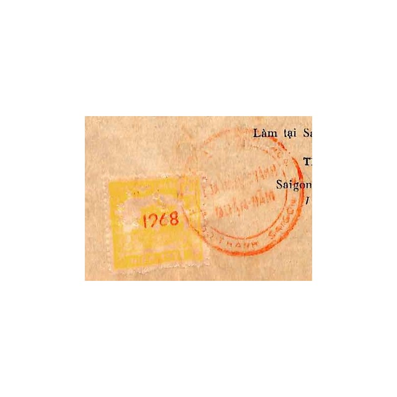 Saigon 1968 timbre fiscal local 10 $ jaune orange sur document