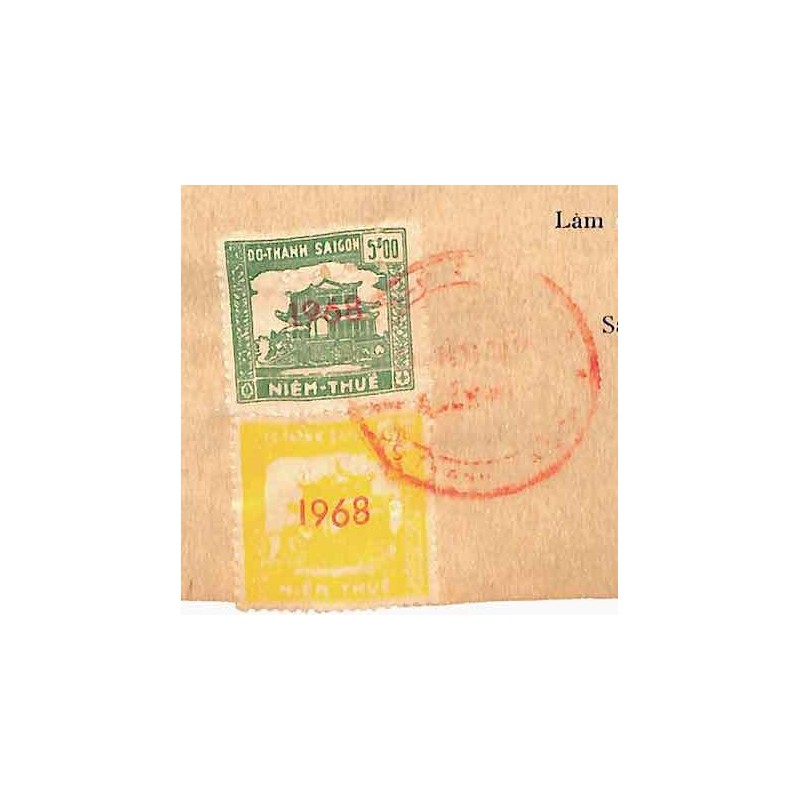 Saigon 1968 timbres fiscaux locaux 5 $ vert et 10 $ jaune sur document