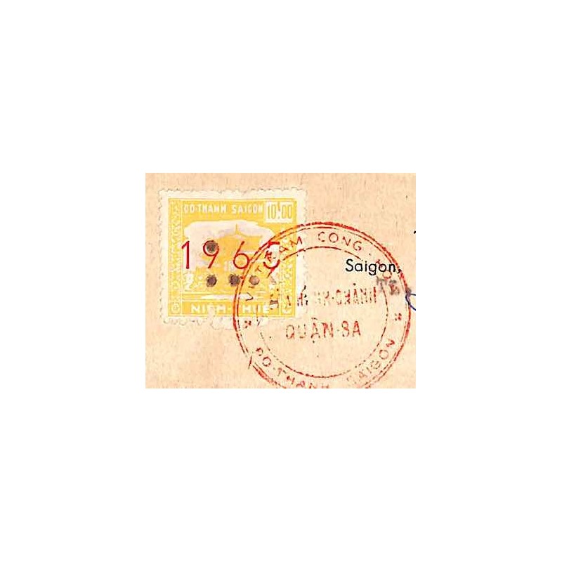 Saigon 1965 timbre fiscal local 10 $ jaune sur document