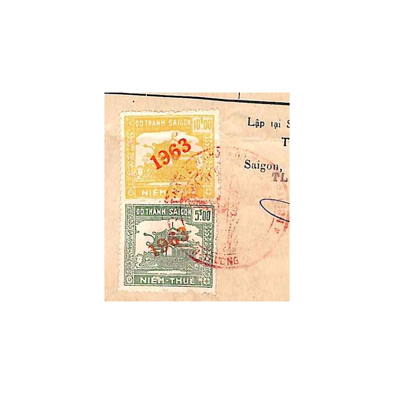 Saigon 1961 timbres fiscaux locaux 5 $ vert et  10 $ jaune sur document