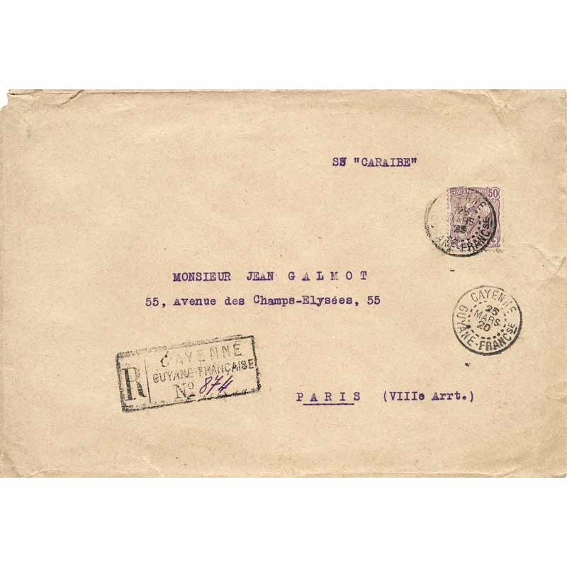 1920 lettre recommandée 1920 Guyane 61 seul de Cayenne 1920 lettre recommandée 1920 Guyane 61 seul de Cayenne