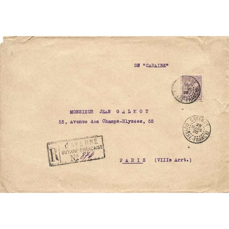 1920 lettre recommandée 1920 Guyane 61 seul de Cayenne