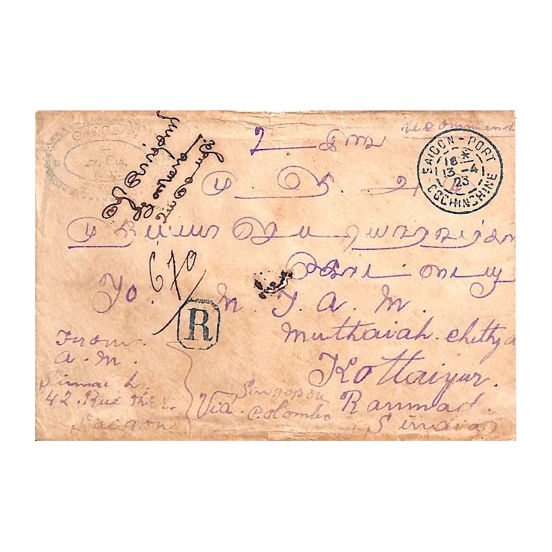 SAIGON - PORT COCHINCHINE 1923 lettre recommandé pour l'Inde