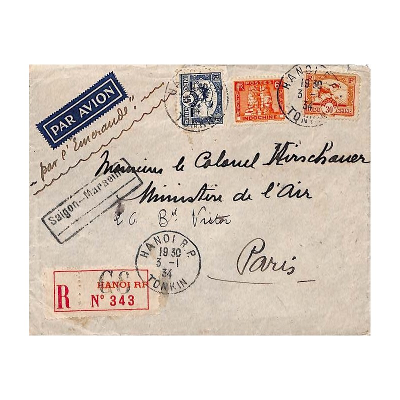 1934 Lettre avion par l'Emeraude Hanoi